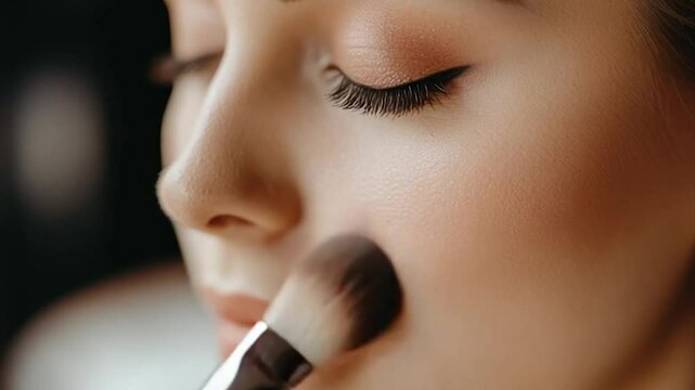 Close-up makeup application.  A professional applying blush to a woman's cheek