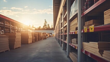 Inside a lumberyard,  shelves filled with wood planks,  boxes, and supplies. Sunlight streams in