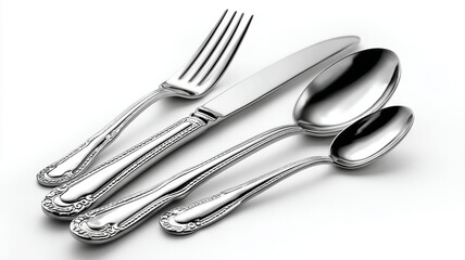 Elegant silverware set with fork, knife, spoon, and teaspoon on white background