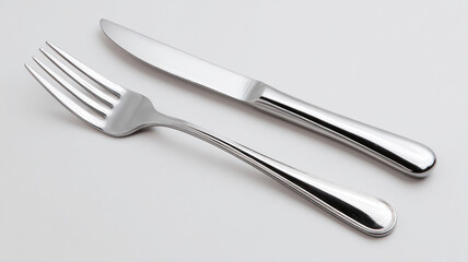 Shiny silver fork and knife on white background, simple and elegant design