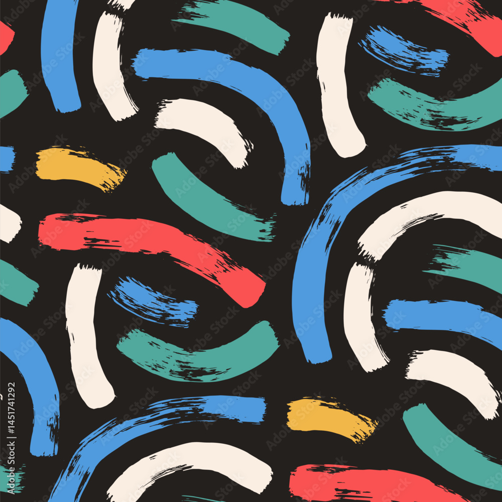 Poster brush paint curved lines seamless pattern. bold stroke shapes endless background. abstract repeat co