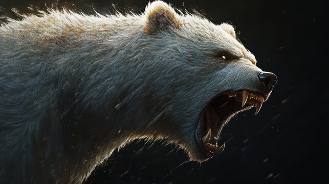 A menacing polar bear, roaring ferociously with teeth bared, set against a dark backdrop