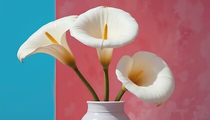 Elegant calla lilies against a split backdrop of bright blue and vibrant pink
