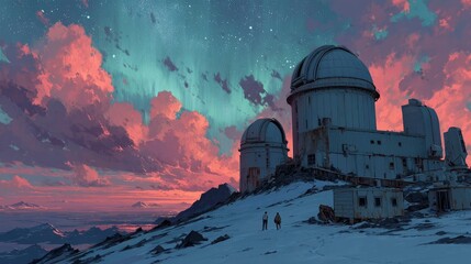 Obraz premium Observatory on snowy mountain at night