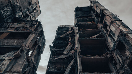 destroyed and burned houses in the city in Ukraine