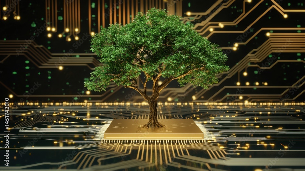 Poster green tree sprouting from circuit board, symbolizing harmony between nature and tech.