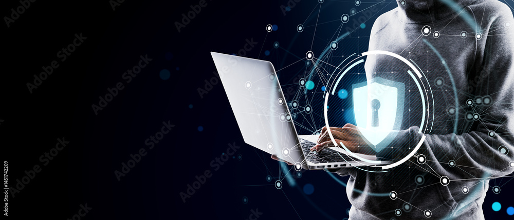 Aufkleber Cybersecurity concept showing anonymous person using laptop with digital lock icon overlay on dark background representing data protection.