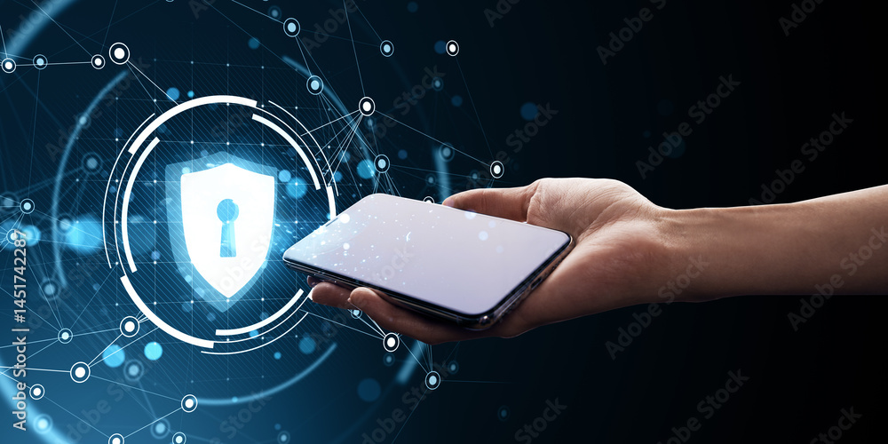 Poster Smartphone in hand with digital cybersecurity lock icon on abstract technology background representing data protection concept in business environment.