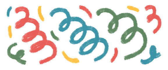 Colorful graffiti art spray squiggles lines. Hand drawn kids confetti. Brush stroke linear scribble elements set isolated on white background. Scribble party celebration decoration..