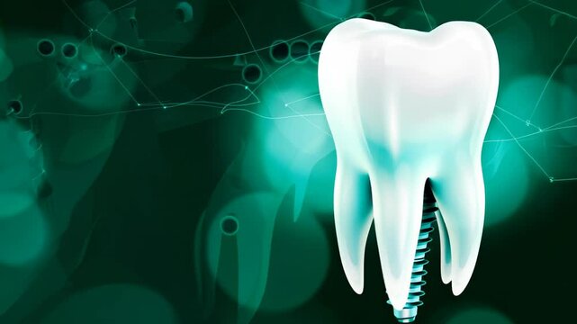 Dental implantation, teeth with implant screw background.