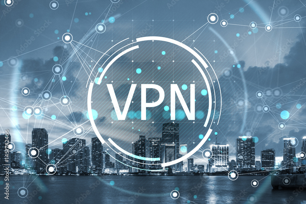 Aufkleber vpn digital interface concept over modern city skyline at night with secure network connections and 