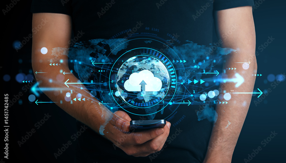 Aufkleber person holding smartphone with cloud computing hologram and digital data transfer icons on dark back