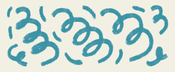 Blue graffiti art spray squiggles lines. Hand drawn confetti. Brush stroke linear scribble elements set isolated on beige background. Doodle abstract decoration..