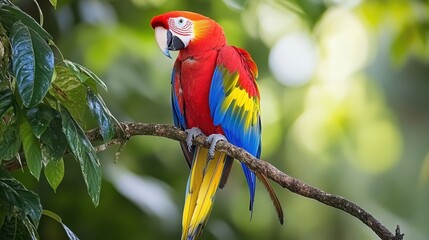 Obraz premium A Scarlet Macaw perched gracefully on a branch in the forest, showcasing its brilliant red, yellow, and blue plumage amidst a lush, green canopy.