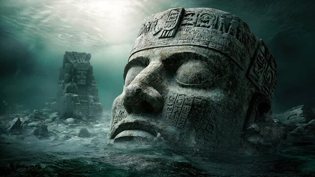 Ancient stone head submerged underwater, mysterious ruins in deep sea