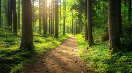 Sun shines through the dense, green forest along a winding dirt path. Use this for promoting nature, peace, or outdoor adventure.