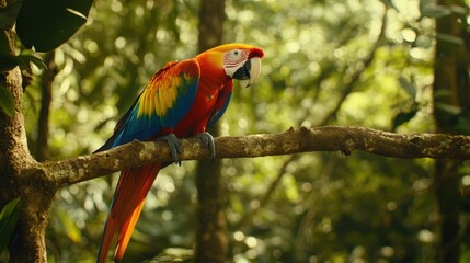 Obraz premium A Scarlet Macaw perched gracefully on a branch in the forest, showcasing its brilliant red, yellow, and blue plumage amidst a lush, green canopy.
