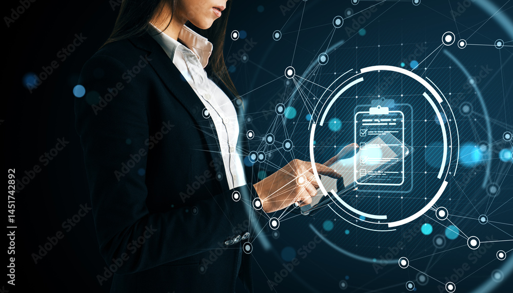 Leinwandbilder Businesswoman interacting with digital interface displaying data analytics on futuristic abstract background with light network elements.