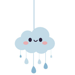 Cute cartoon cloud with a happy face and raindrops. Perfect for children’s designs, cheerful weather themes, baby room decor, kids illustrations, and fun creative projects.