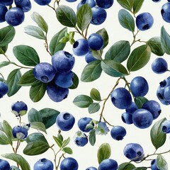 Close-up of vibrant blueberries surrounded by lush green leaves on a light background, ideal for food design