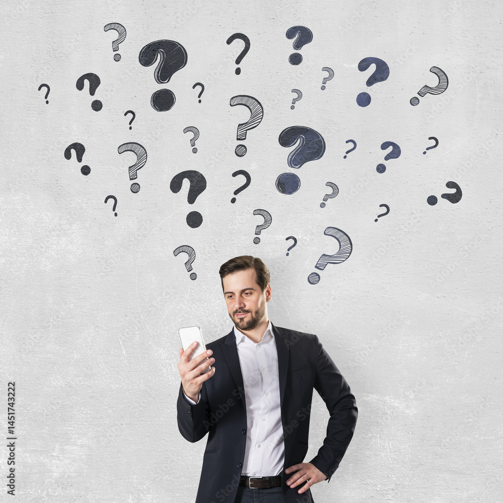 Poster businessman looking at phone with question marks above head on light wall background, symbolizing cu