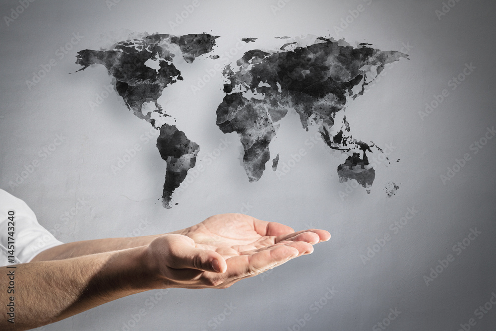 Poster person holding open hands below abstract black world map on light background, representing global bu