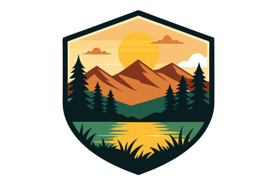 Mountain peaks and evergreen forests nestle under a vibrant sunset sky within a shield emblem
