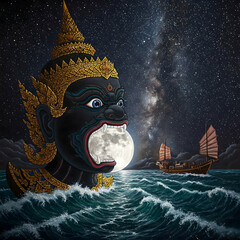 A Dramatic Depiction of Rahu Devouring the Moon Under a Starry Night Sky with a Distant Boat.