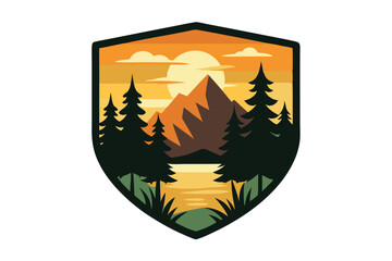 Obraz premium Mountain sunset within a shield has trees, grass and lake displayed vector