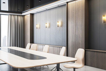 Modern empty conference room with wooden walls, hanging lights, and large desk in office building interior with city view through window. 3D Rendering