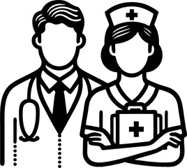 Black and White Vector Illustration of Doctor and Nurse Team with Clipboard – Medical Staff Icon Design
