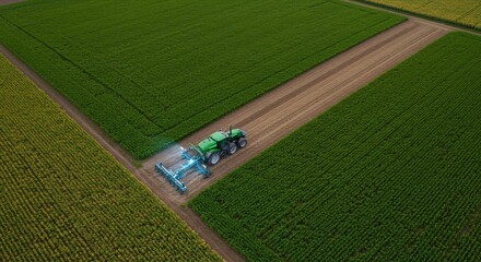 Obraz premium Aerial Drone View of Autonomous Tractor Plowing Smart Farm with GPS-Guided Rows and Glowing Soil Sensors