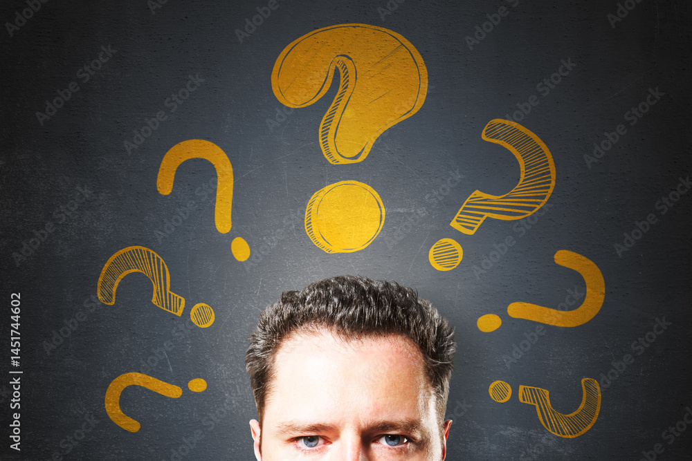 Aufkleber Man's head with floating yellow question marks on dark textured background, symbolizing confusion, brainstorming, and problem-solving concept.