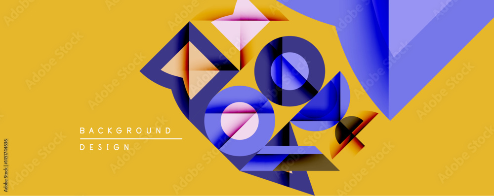 Poster Abstract geometric composition. Overlapping shapes create dynamic visual effect. Bright colors contrast against golden background. Modern design element.