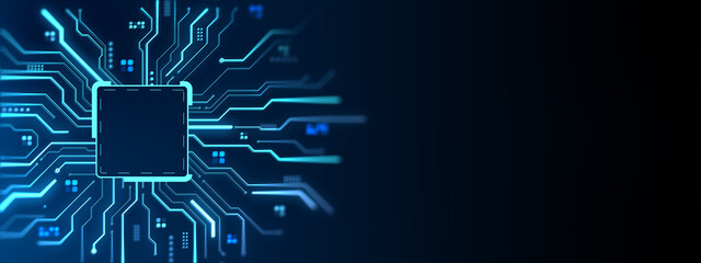 Blue neon circuit board background with glowing processor chip and digital lines on dark gradient for modern technology design template banner. 3D Rendering