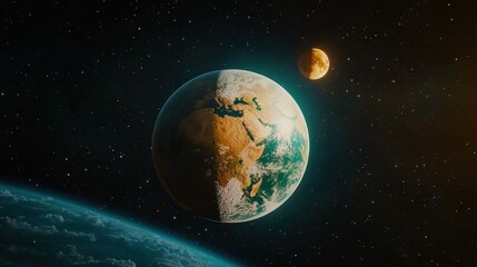 Obraz premium Majestic Earth seen from space with the Moon orbiting gracefully nearby, cosmic silence