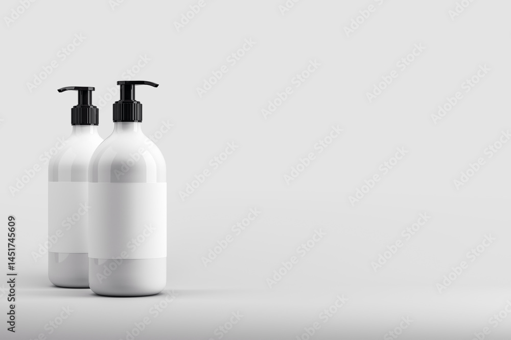 Poster Blank pump bottle mockup with clean label design on light background for branding and product presentation template concept. 3D Rendering