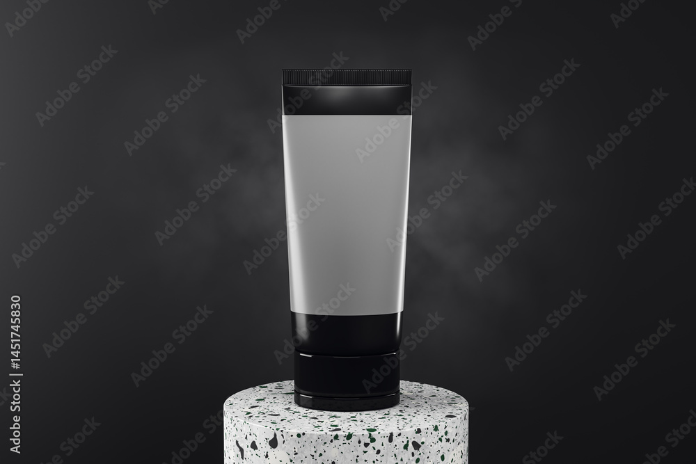 Poster cosmetic tube mockup on terrazzo podium with dark background for branding and product presentation c