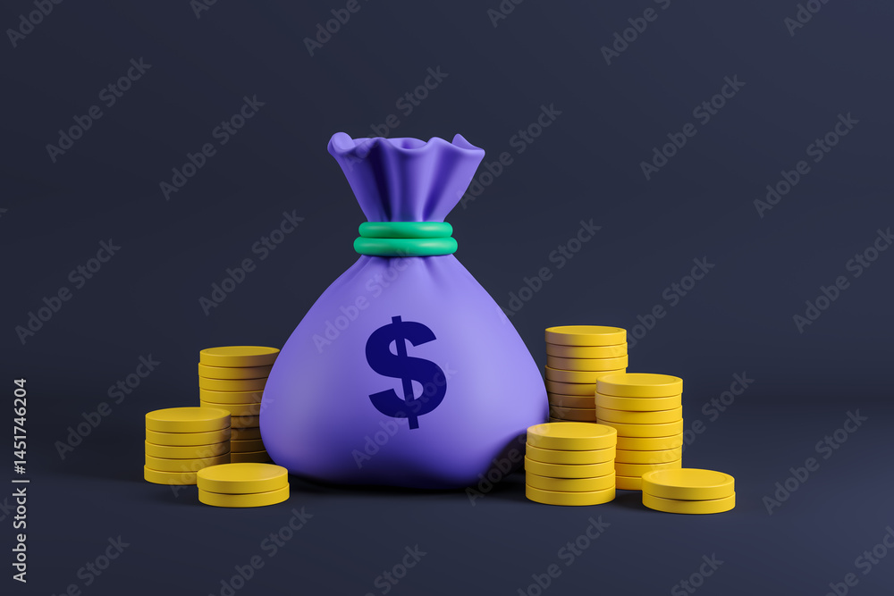 Aufkleber Money bag with dollar sign surrounded by gold coin stacks on dark gradient background, creative business finance design concept. 3D Rendering. 3D Rendering