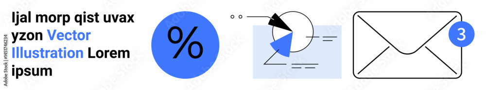Poster percent symbol, pie chart arrow analysis, and an envelope with notification badge. ideal for email m