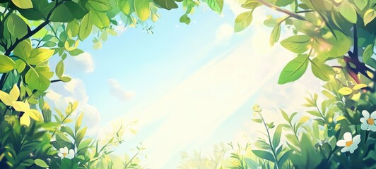 Obraz premium Springtime scene. Trees and flowers on the grass in the forest. The scene is filled with tranquility. illustration background