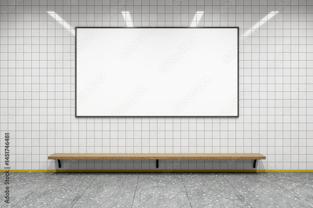 Aufkleber empty billboard frame on tiled wall in modern subway corridor with bench, clean light background, pe