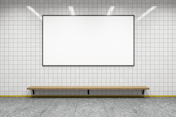 Empty billboard frame on tiled wall in modern subway corridor with bench, clean light background,...