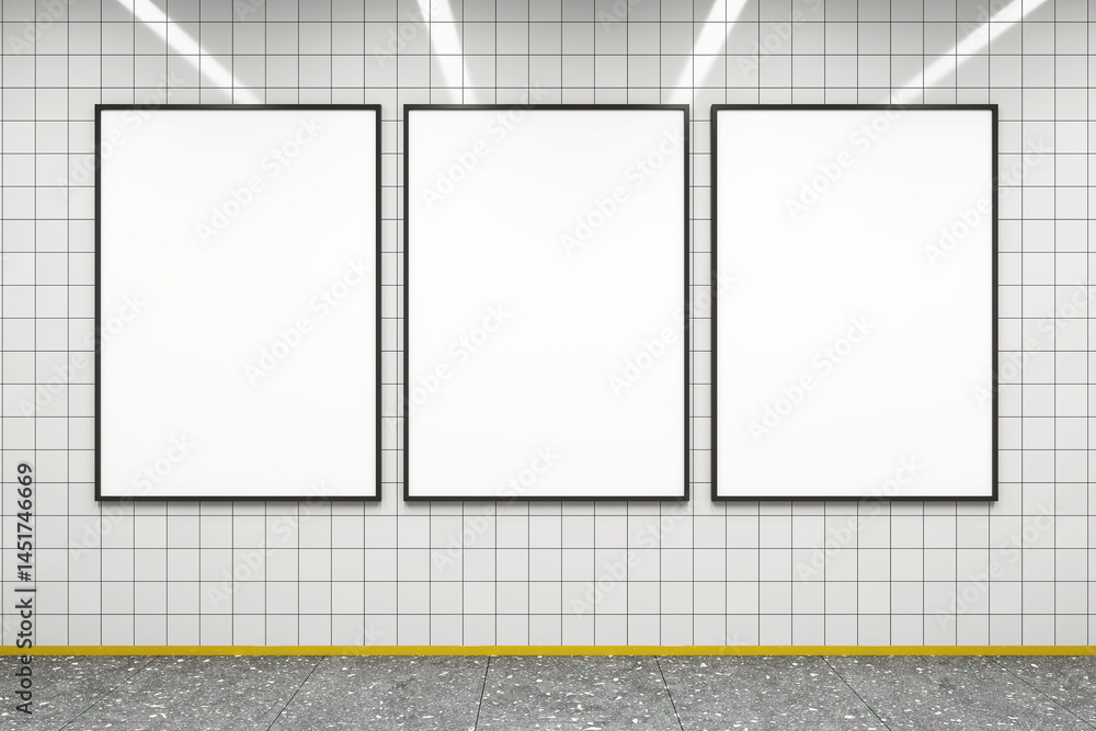 Poster three blank vertical poster mockups on a tiled subway wall in a modern corridor with clean lighting 