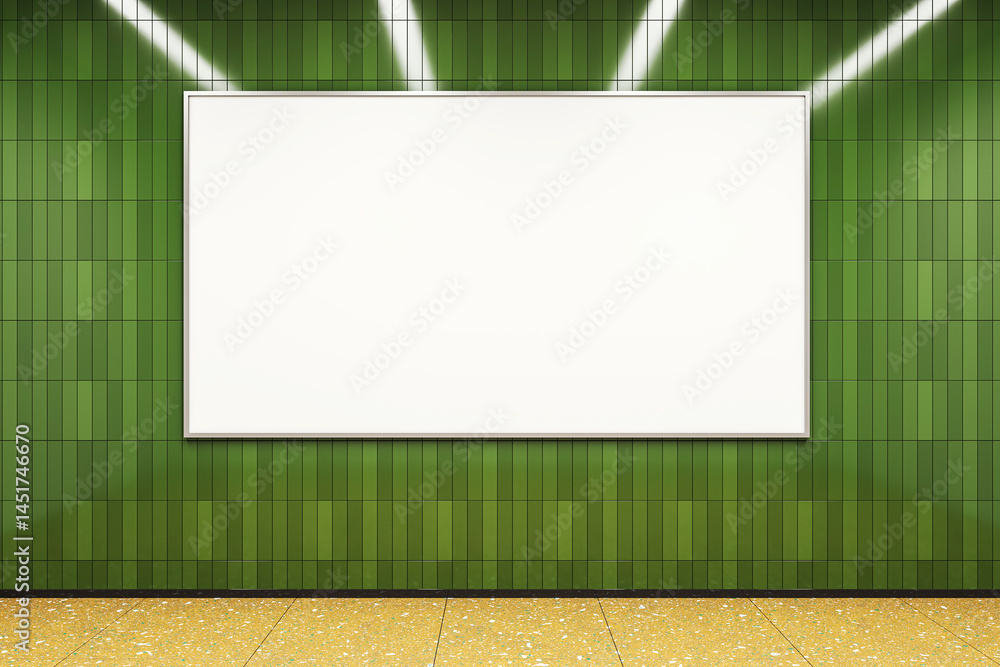 Aufkleber blank billboard on green tiled wall with yellow floor in metro station under ceiling lights, clean f