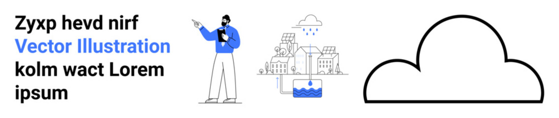 Man presenting eco-friendly smart city concept with cloud technology, buildings, rainwater and data. Ideal for tech, eco-awareness, education, urban development, cloud systems, communication simple