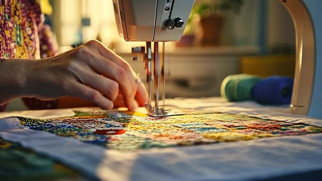 Close-up of hands sewing a colorful patchwork quilt