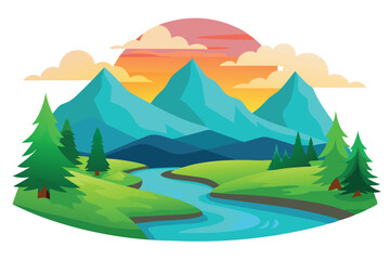 Serene mountain river showing nature's beauty with tall trees under a vibrant sunset