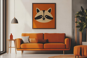 raccoon in a loft-style setting, flat art with orange and brown color theme, minimalist poster on the wall