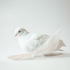 Serene White Dove with Delicate Pink Feathers on White Background